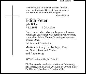 Traueranzeige von Edith Peter von Tageszeitung