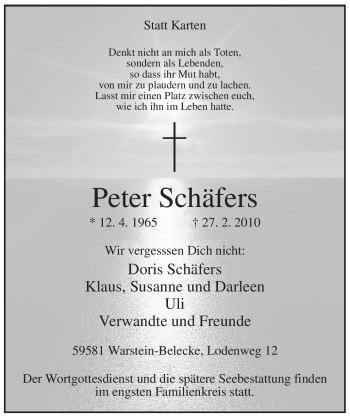 Traueranzeige von Peter Schäfers von Tageszeitung