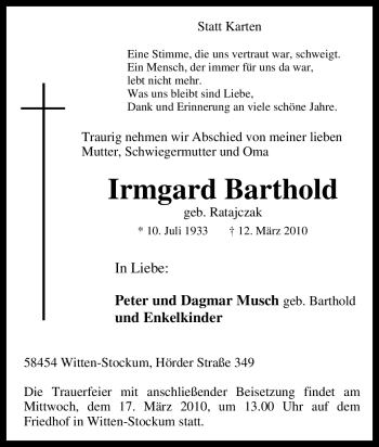 Traueranzeige von Irmgard Barthold von Tageszeitung