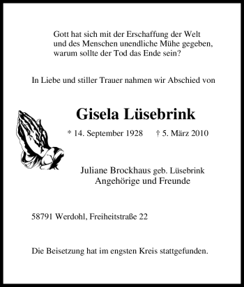 Traueranzeige von Gisela Lüsebrink von Tageszeitung