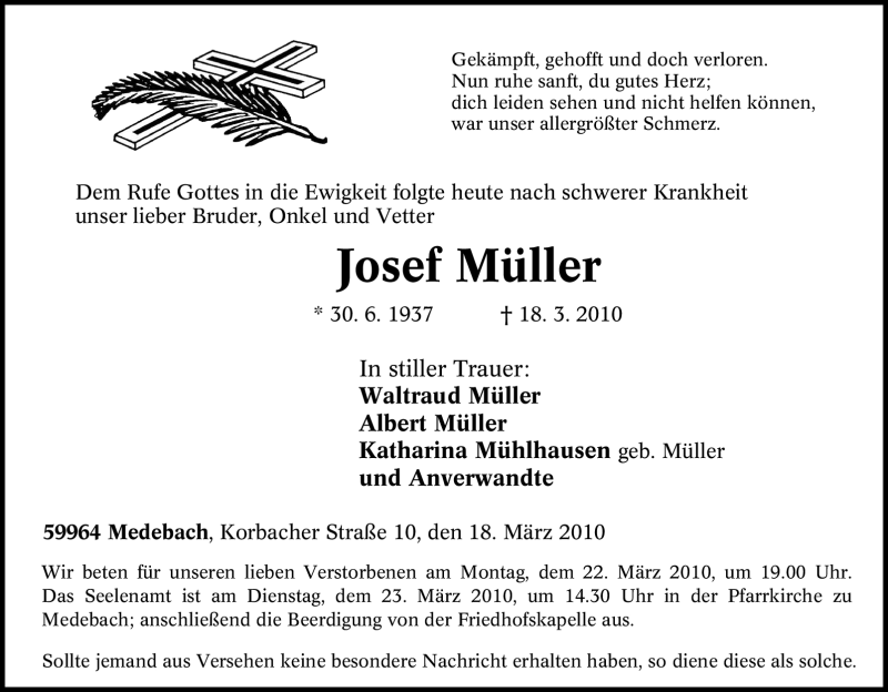  Traueranzeige für Josef Müller vom 20.03.2010 aus Tageszeitung