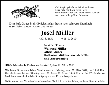Traueranzeige von Josef Müller von Tageszeitung