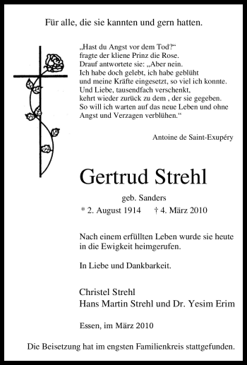 Traueranzeige von Gertrud Strehl von Tageszeitung