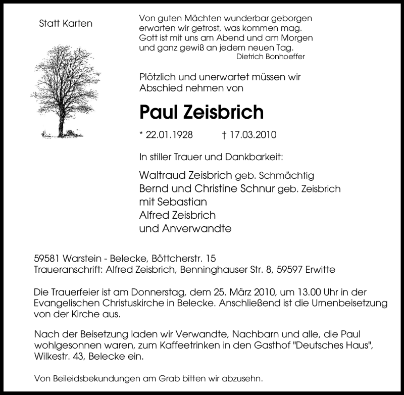  Traueranzeige für Paul Zeisbrich vom 20.03.2010 aus Tageszeitung