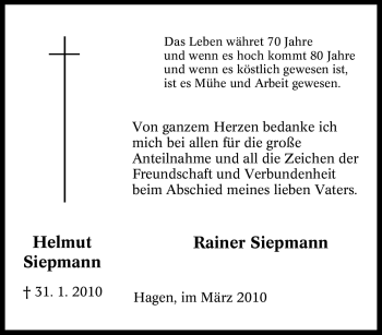 Traueranzeige von Helmut Siepmann von Tageszeitung