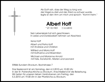 Traueranzeige von Albert Hoff von Tageszeitung