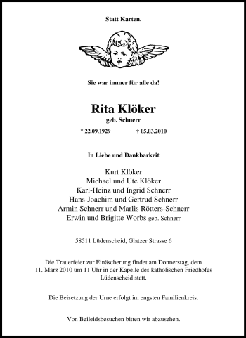 Traueranzeige von Rita Klöker von Tageszeitung