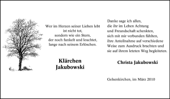 Traueranzeige von Klärchen Jakubowski von Tageszeitung