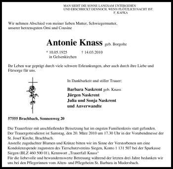 Traueranzeige von Antonie Knass von Tageszeitung