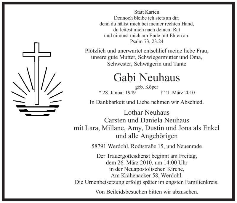 Traueranzeige für Gabi Neuhaus vom 24.03.2010 aus Tageszeitung