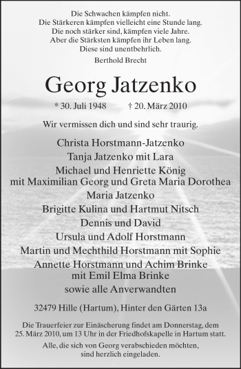 Traueranzeige von Georg Jatzenko von Tageszeitung