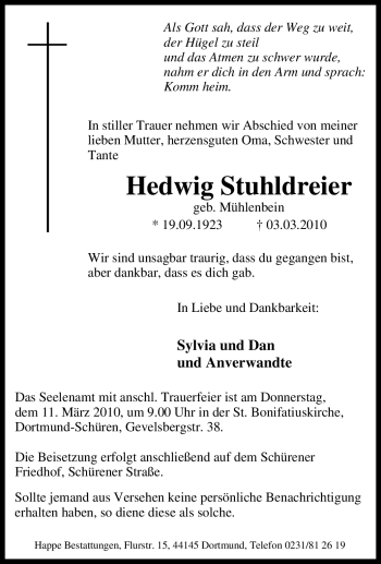 Traueranzeige von Hedwig Stuhldreier von Tageszeitung
