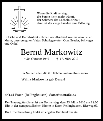 Traueranzeige von Bernd Markowitz von Tageszeitung