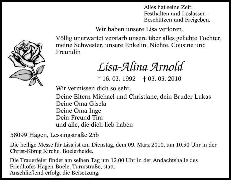  Traueranzeige für Lisa-Alina Arnold vom 06.03.2010 aus Tageszeitung