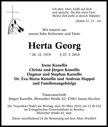 Traueranzeige von Herta Georg von Tageszeitung