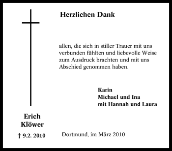Traueranzeige von Erich Klöwer von Tageszeitung