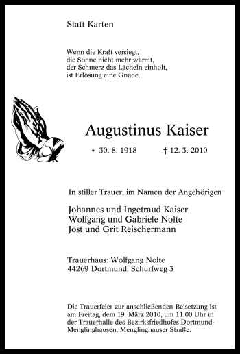 Traueranzeige von Augustinus Kaiser von Tageszeitung