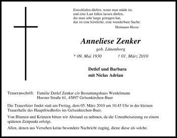 Traueranzeige von Anneliese Zenker von Tageszeitung