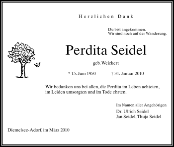Traueranzeige von Perdita Seidel von Tageszeitung