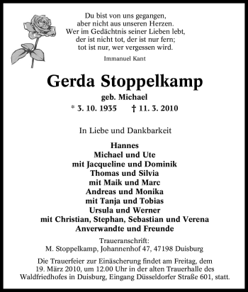 Traueranzeige von Gerda Stoppelkamp von Tageszeitung