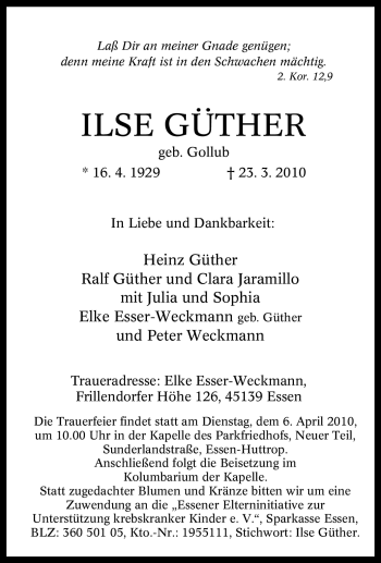 Traueranzeige von Ilse Güther von Tageszeitung