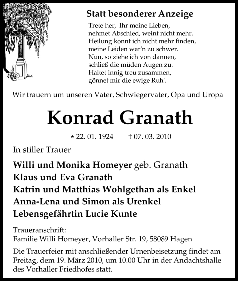  Traueranzeige für Konrad Granath vom 17.03.2010 aus Tageszeitung