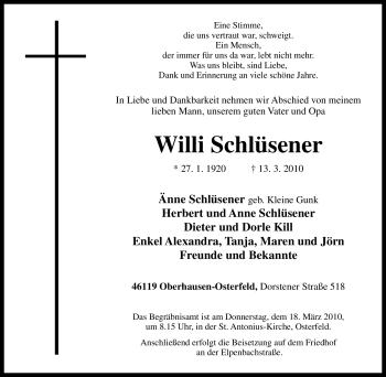 Traueranzeige von Willi Schüsener von Tageszeitung