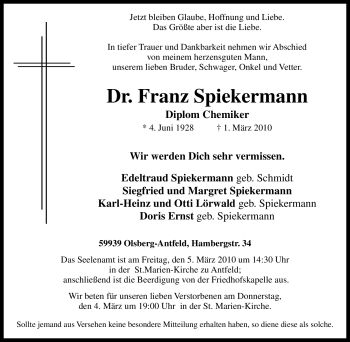 Traueranzeige von Franz Spiekermann von Tageszeitung