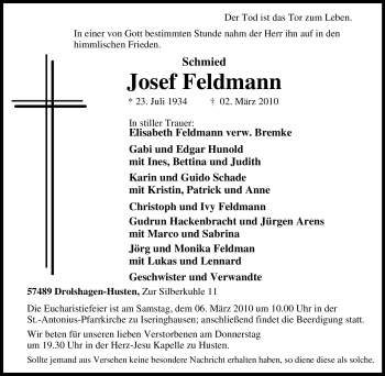 Traueranzeige von Josef Feldmann von Tageszeitung
