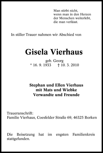 Traueranzeige von Gisela Vierhaus von Tageszeitung