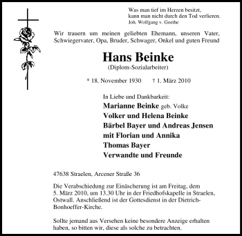 Traueranzeige von Hans Beinke von Tageszeitung