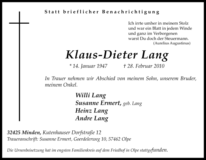  Traueranzeige für Klaus-Dieter Lang vom 13.03.2010 aus Tageszeitung