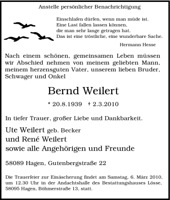 Traueranzeige von Bernd Weilert von Tageszeitung