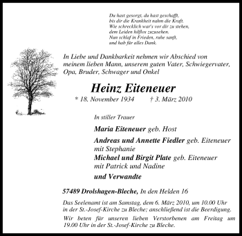 Traueranzeige von Heinz Eiteneuer von Tageszeitung