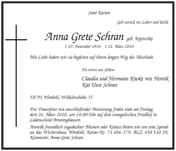 Traueranzeige von Anna Grete Schran von Tageszeitung