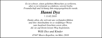 Traueranzeige von Hanni Dyx von Tageszeitung