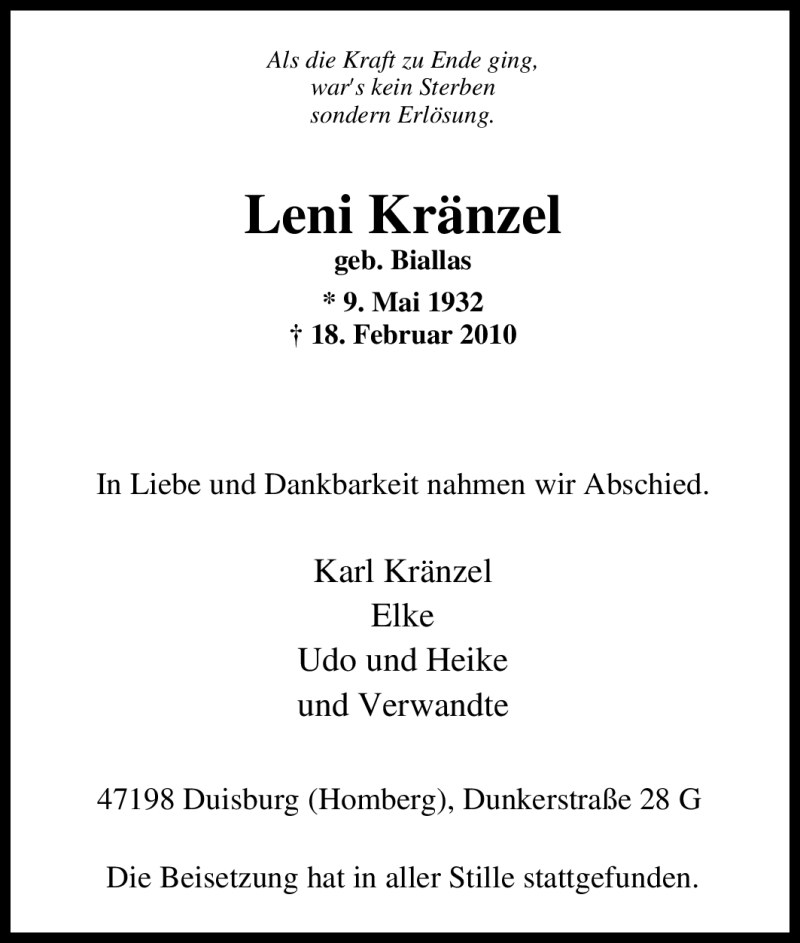  Traueranzeige für Leni Kränzel vom 06.03.2010 aus Tageszeitung