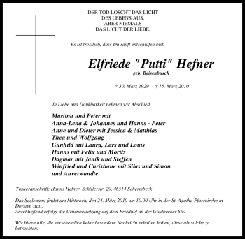 Traueranzeige von Elfriede Hefner von Tageszeitung