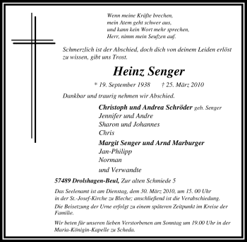 Traueranzeige von Heinz Senger von Tageszeitung
