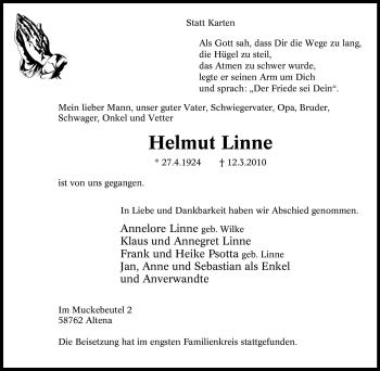 Traueranzeige von Helmut Linne von Tageszeitung