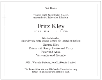 Traueranzeige von Fritz Kley von Tageszeitung