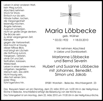 Traueranzeige von Maria Löbbecke von Tageszeitung