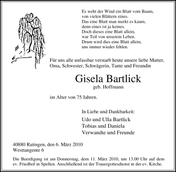 Traueranzeige von Gisela Bartlick von Tageszeitung