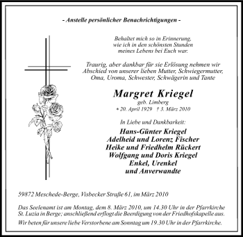 Traueranzeige von Margret Kriegel von Tageszeitung