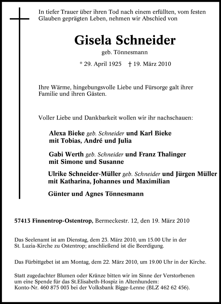  Traueranzeige für Gisela Schneider vom 20.03.2010 aus Tageszeitung