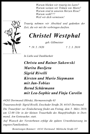 Traueranzeige von Christel Westphal von Tageszeitung