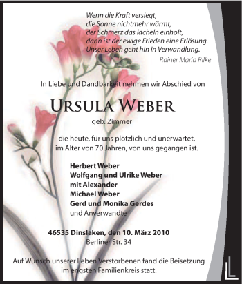 Traueranzeige von Ursula Weber von Tageszeitung