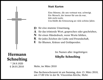 Traueranzeige von Hermann Schnelting von Tageszeitung