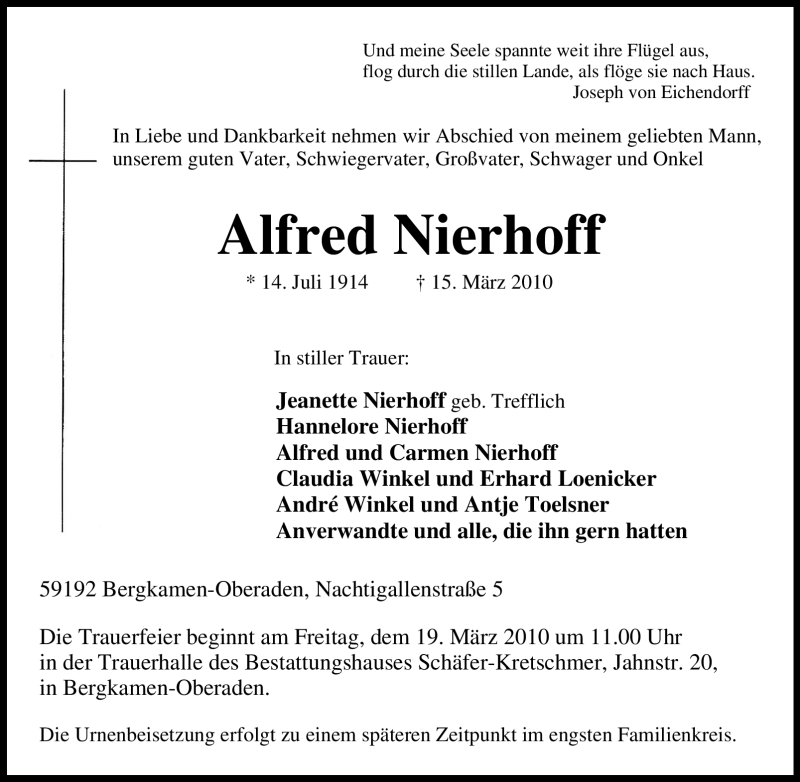  Traueranzeige für Alfred Nierhoff vom 17.03.2010 aus Tageszeitung