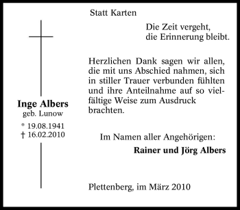 Traueranzeige von Inge Albers von Tageszeitung